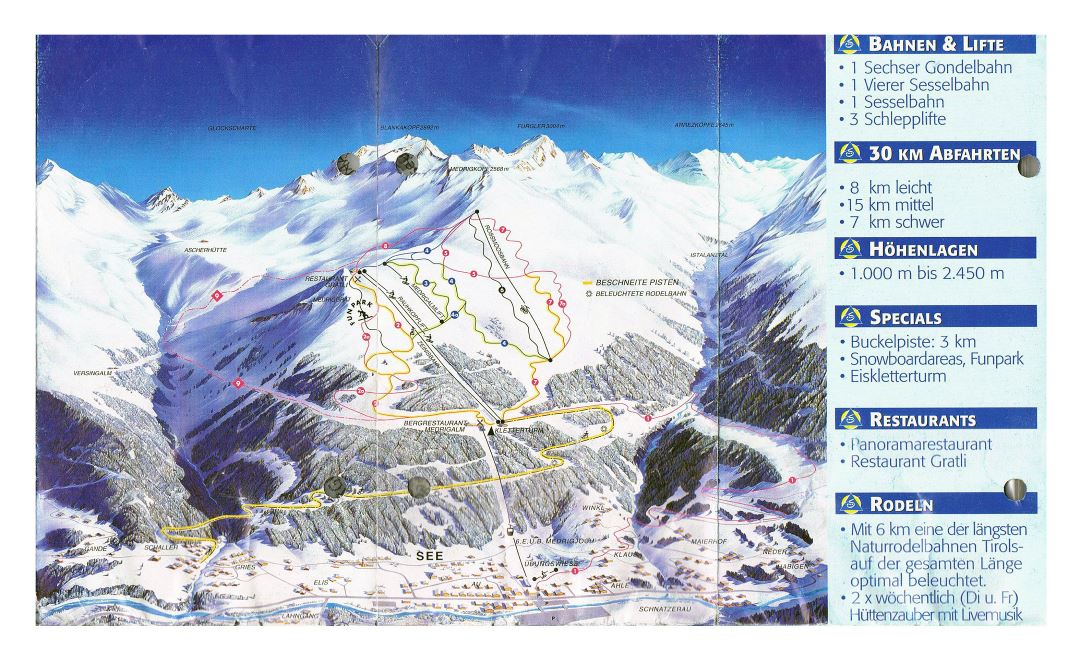 Large piste map of See resort, Silvretta Arena Ski Region - 2001