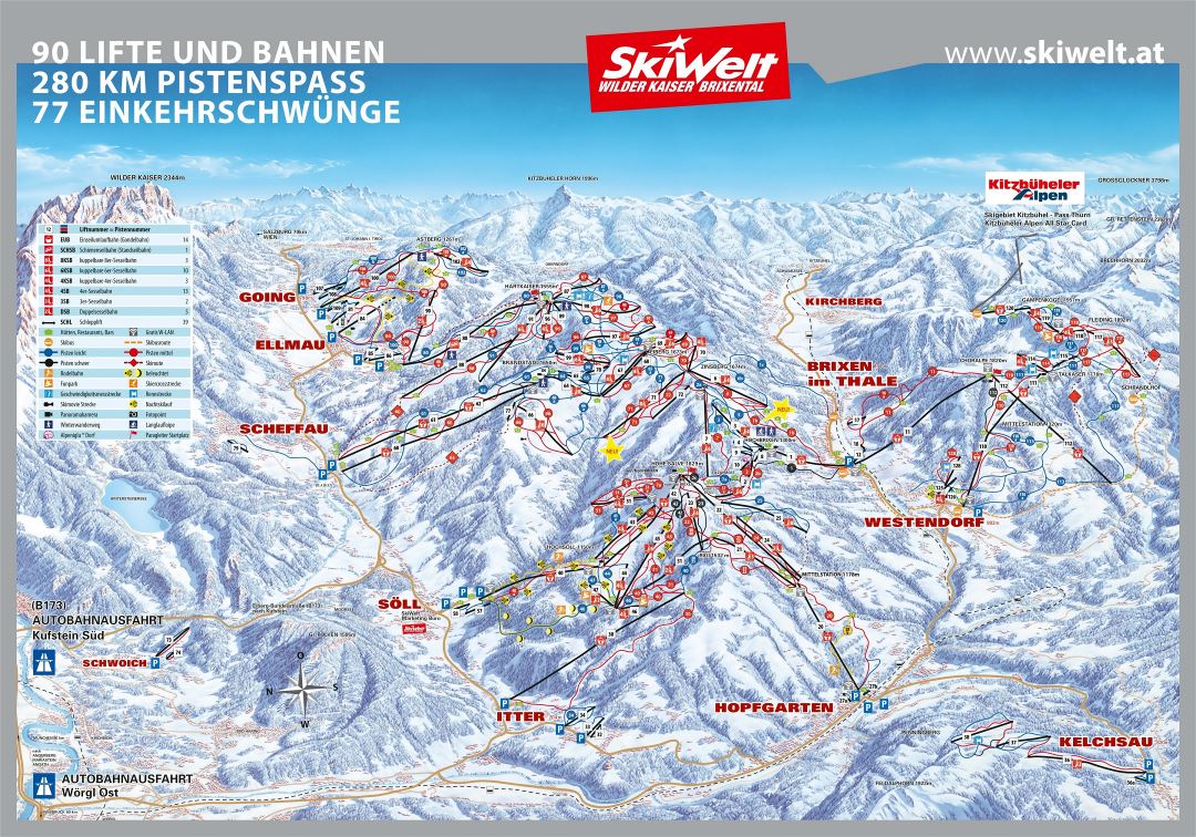 Large piste map of SkiWelt Wilder Kaiser Brixental Ski Resort