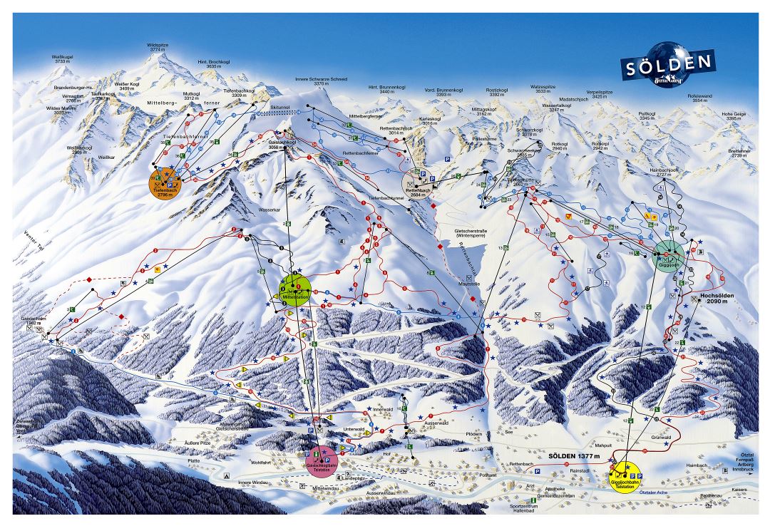 Large piste map of Solden - 2001