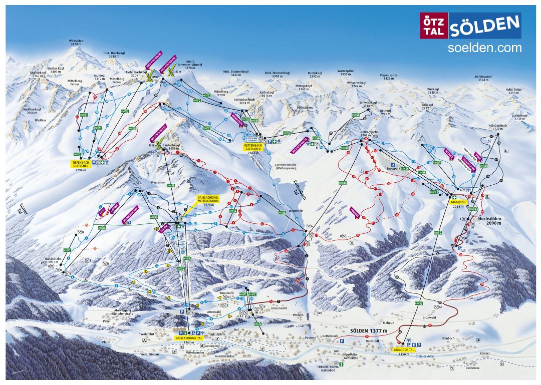 Large piste map of Solden, Otztal Ski Resort - 2015