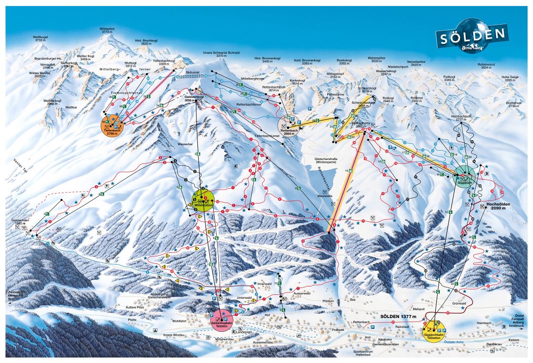 Large piste map of Solden Ski Resort - 2000