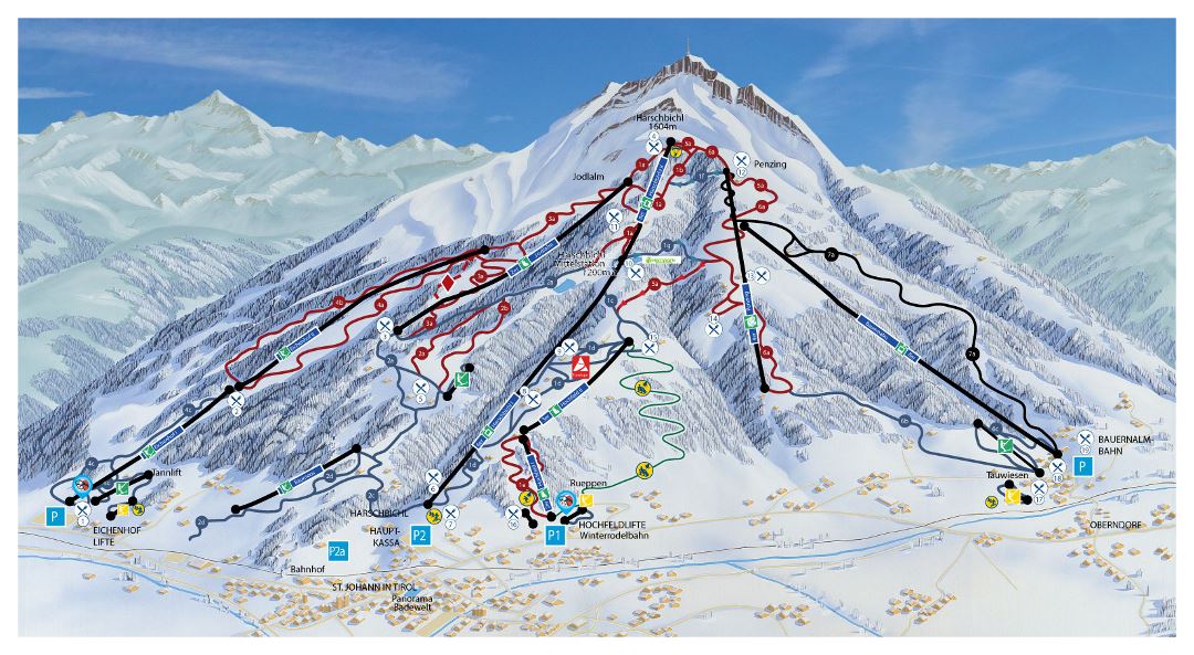Large piste map of St. Johann in Tirol Ski Resort - 2016