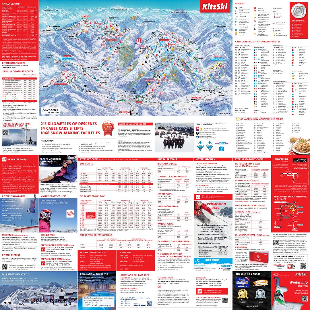Large scale guide and piste map of Kitzbuhel, KitzSki, Kirchberg Ski Area - 2016-2017