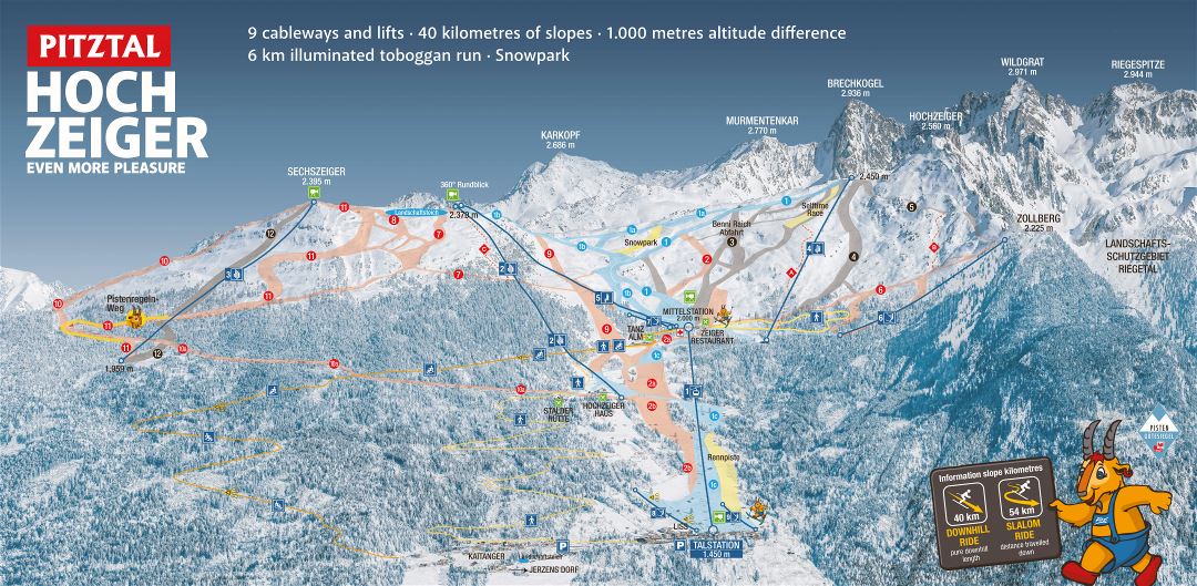 Large scale piste map of HochZeiger Ski Resort, Pitztal Ski Area - 2017