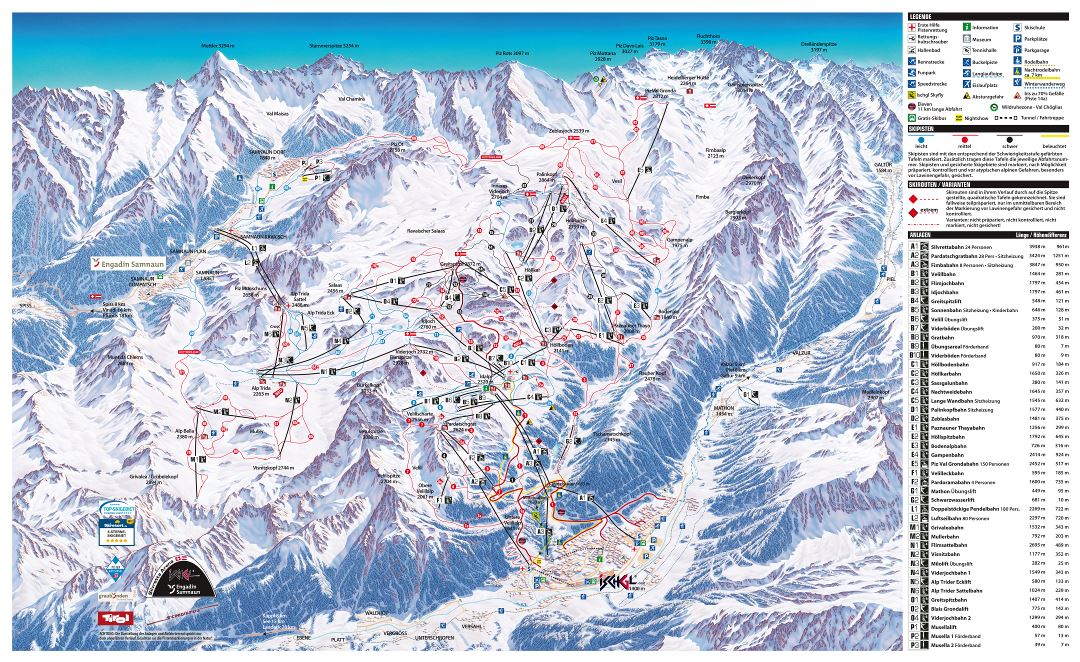 Large scale piste map of Ischgl and Samnaun resorts, Silvretta Arena Ski Region - 2017
