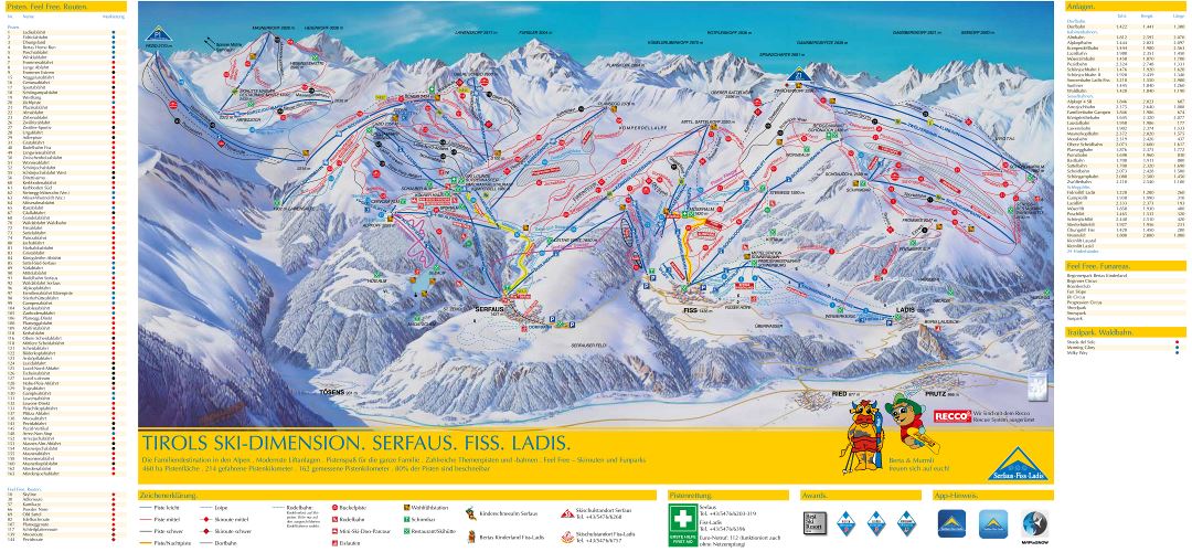 Large scale piste map of Serfaus, Fiss, Ladis, Ski Dimension Ski Resort - 2016