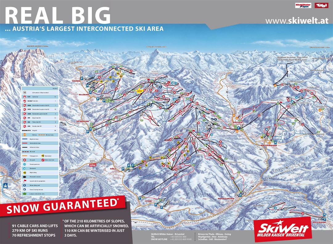 Large scale piste map of SkiWelt area Ski Resort in english
