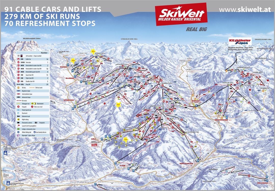 Large scale piste map of SkiWelt Ski Resort - 2011