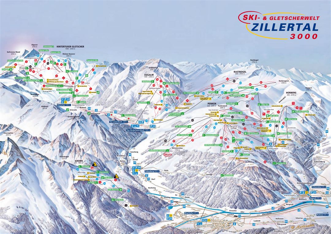 Large scale piste map of Zillertal 3000 (Mayrhofen), Zillertal Valley Ski Resort - 2017