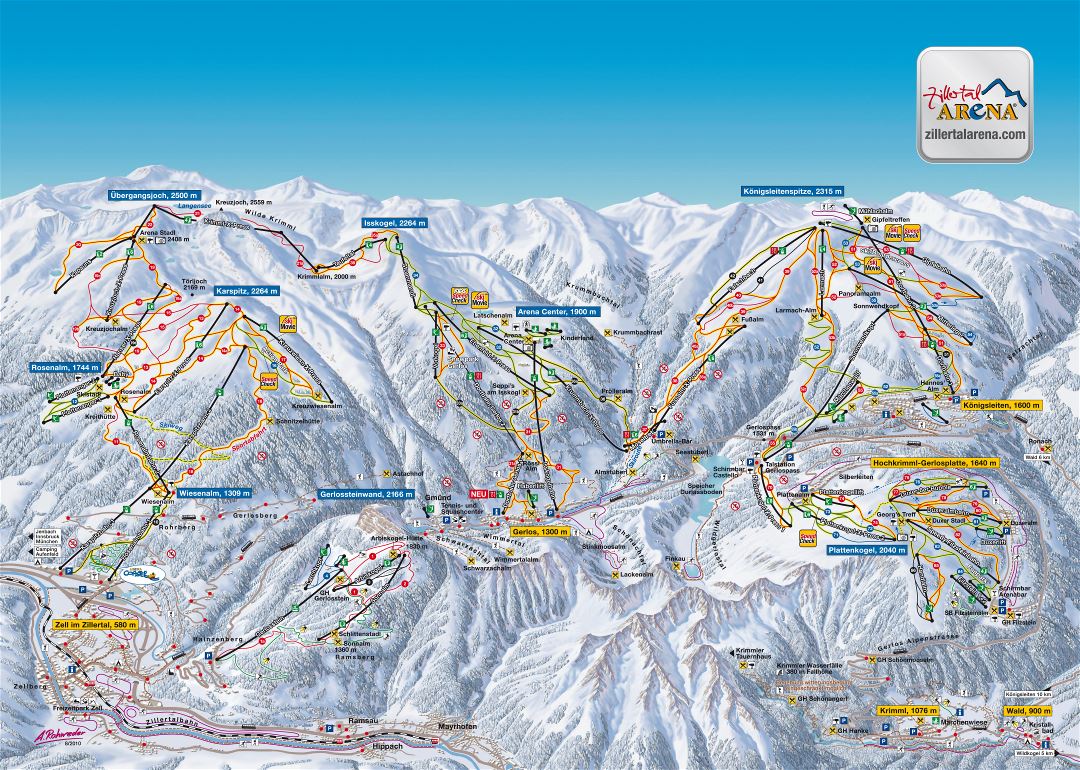 Large scale piste map of Zillertal Arena, Zillertal Valley Ski Resort - 2016