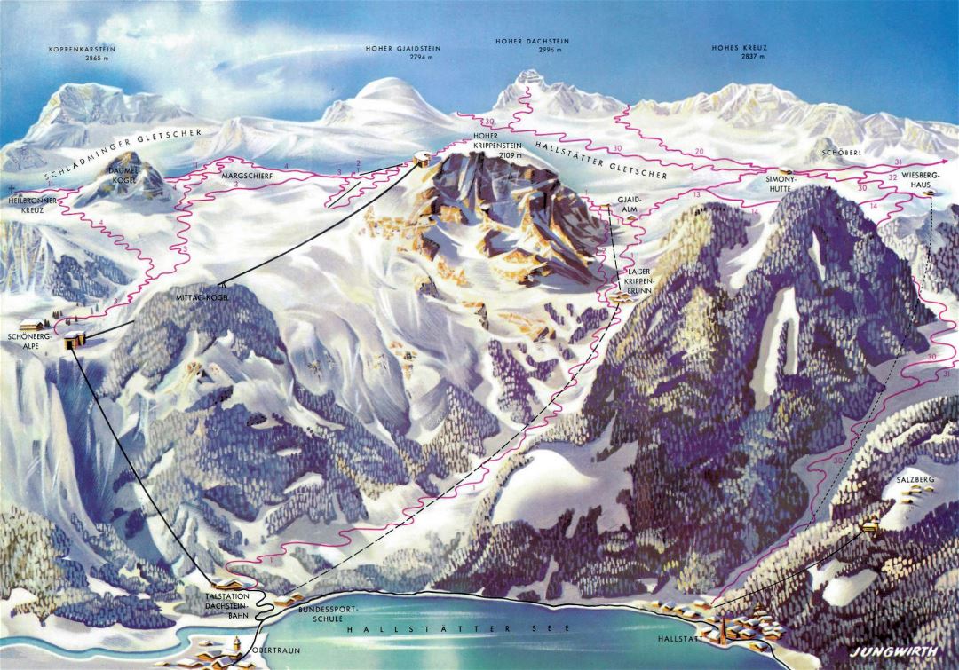 Large detailed old piste map of Dachstein Ski Resort - 1958