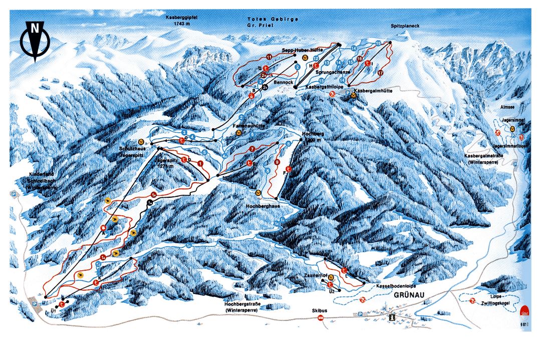 Large detailed old piste map of Kasberg Ski Resort - 1990