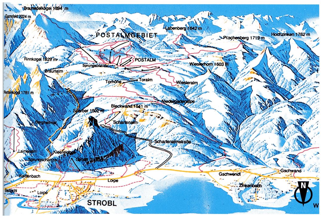 Large detailed old piste map of Postalm Ski Resort - 1995