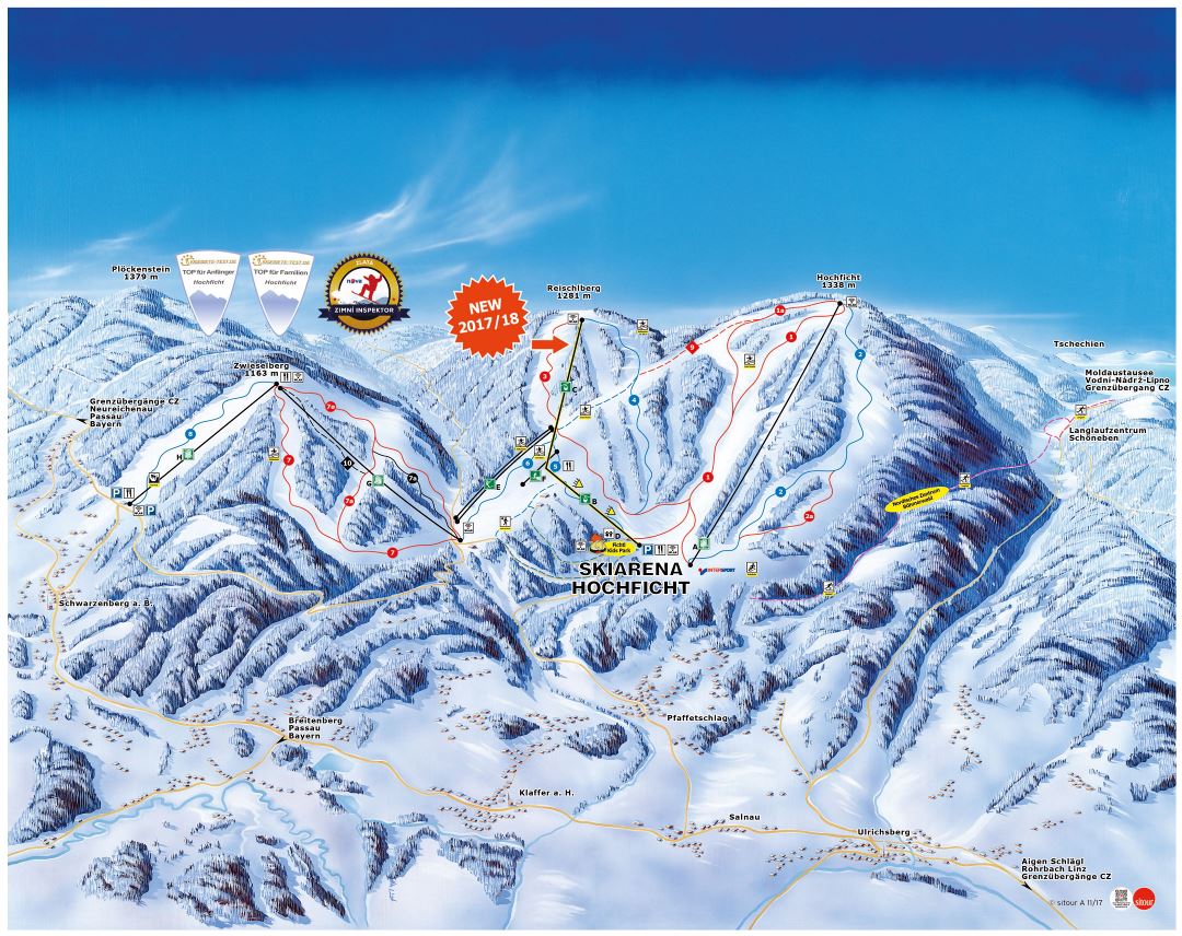 Large detailed piste map of Hochficht Ski Resort - 2017