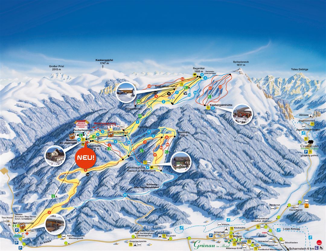 Large detailed piste map of Kasberg Ski Resort - 2015