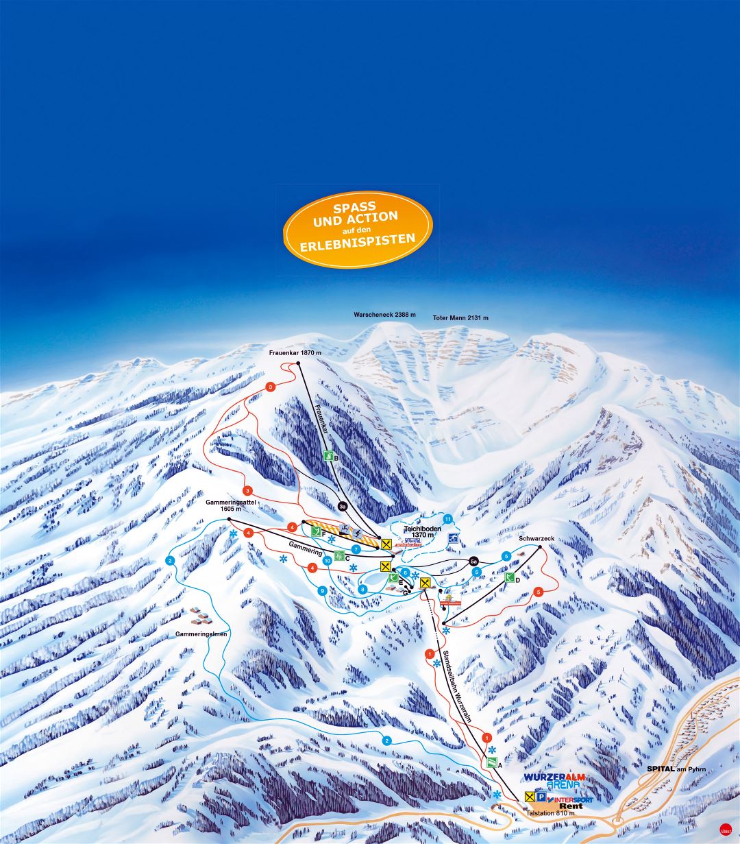 Large detailed piste map of Wurzeralm Arena Ski Resort - 2014