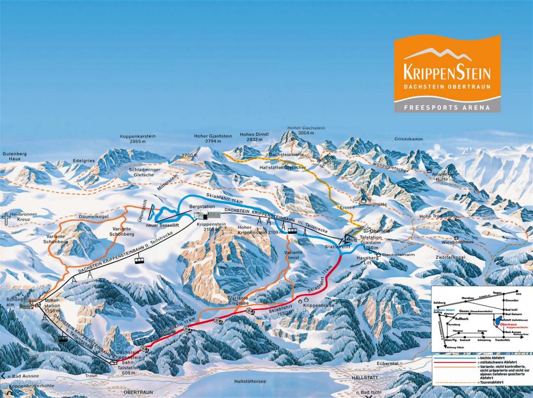 Large piste map of Krippenstein, Dachstein, Obertraun, Freesports Arena Ski Resort - 2009