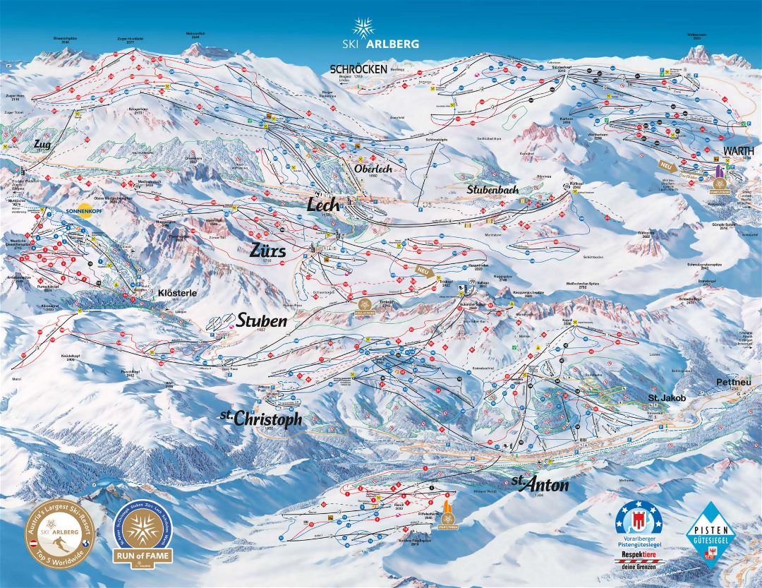 Detailed piste map of Arlberg Ski Resort - 2018