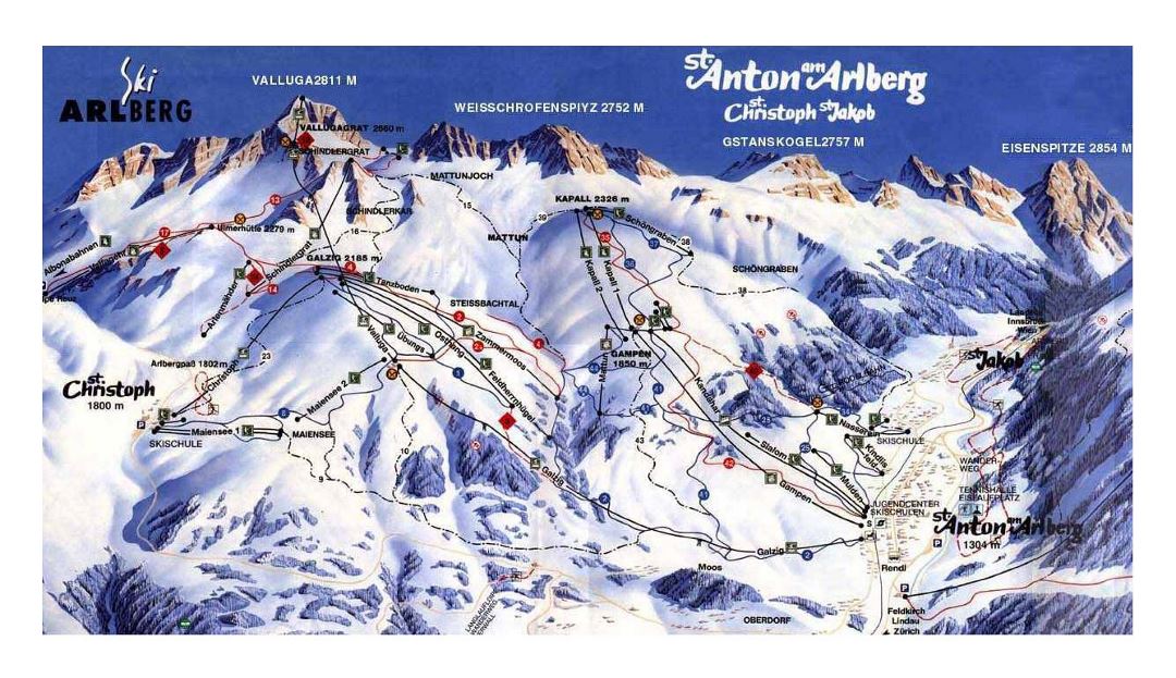 Detailed piste map of St. Christoph, St. Anton and St. Jakob, Arlberg Ski Resort - 1994