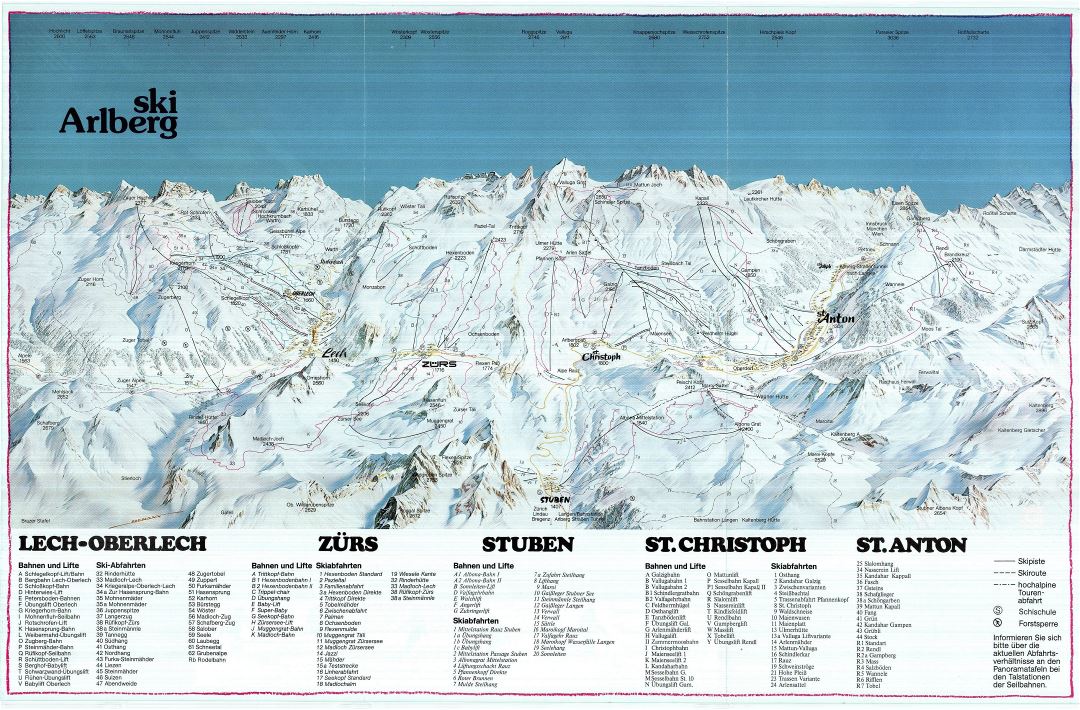 Large detailed old piste map of Ski Arlberg - 1985