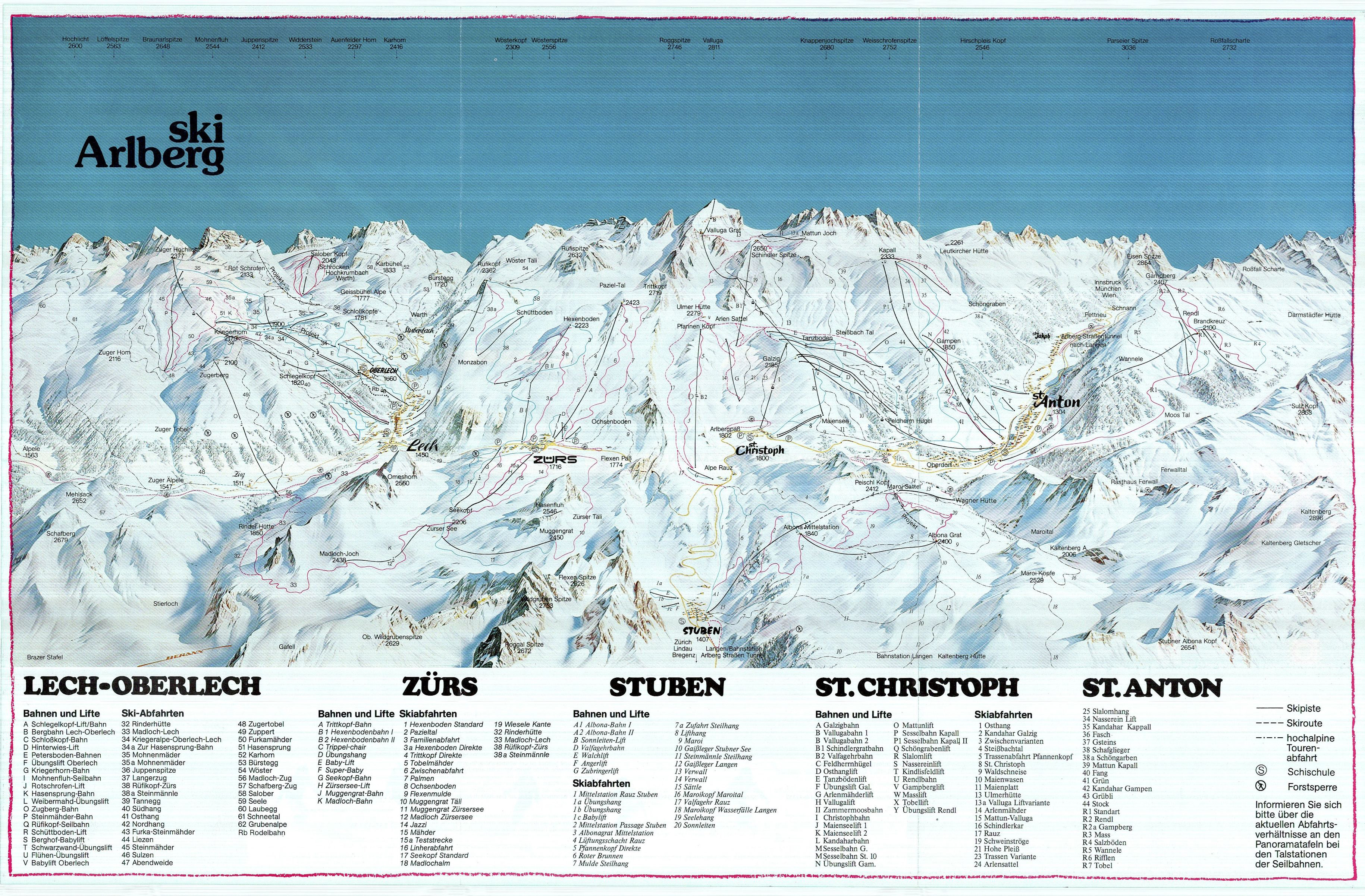 Large Detailed Old Piste Map Of Ski Arlberg 1985 
