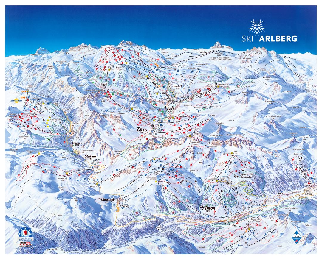 Large detailed piste map of Arlberg Ski Resort - 2011
