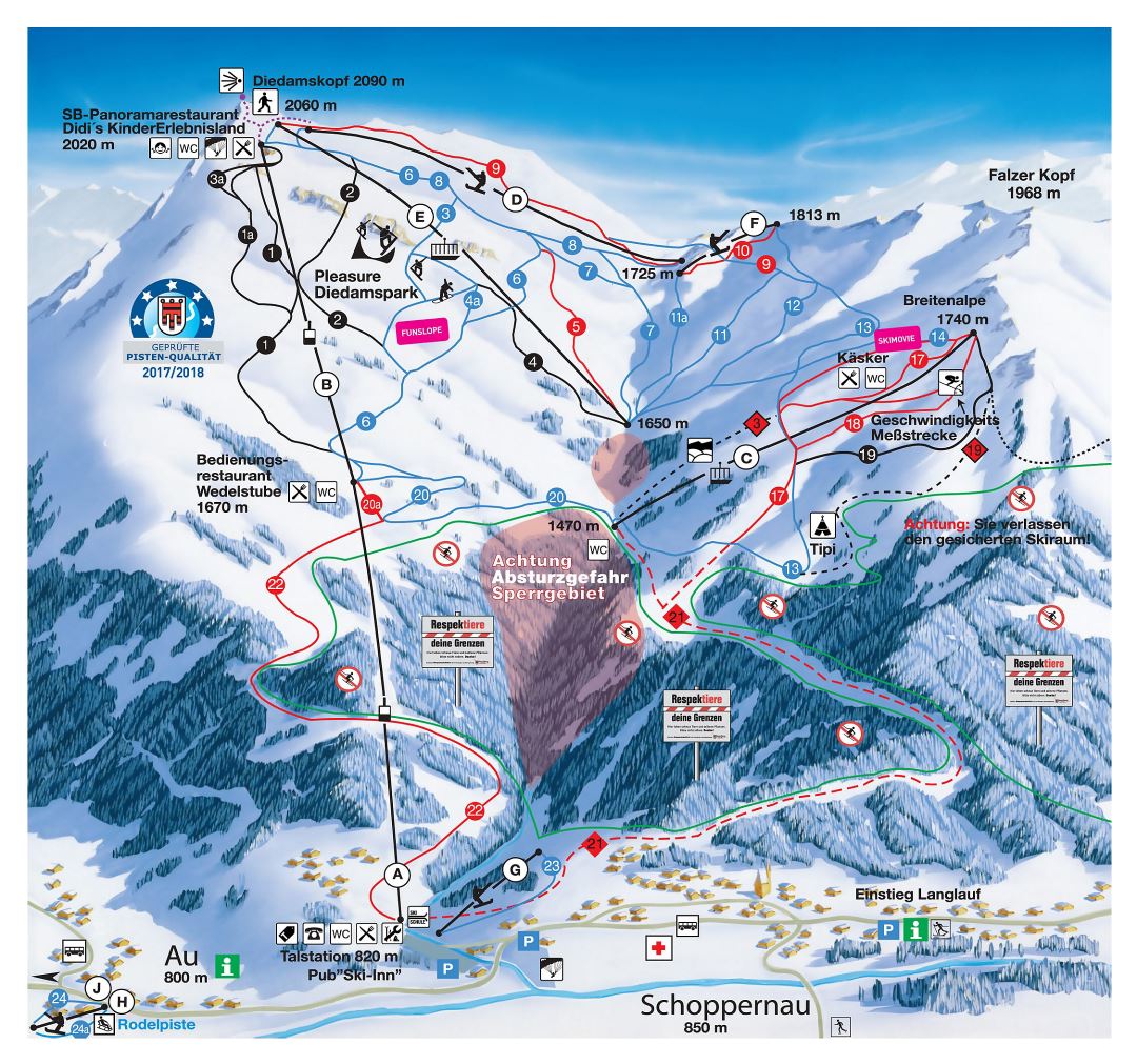 Large detailed piste map of Au - Schoppernau Ski Resort - 2018