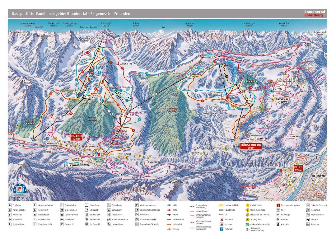 Large detailed piste map of Brandnertal Ski Resort - 2018