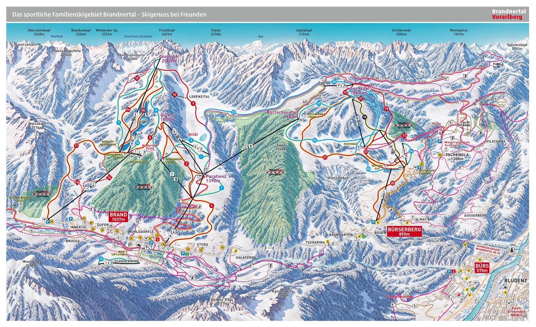 Large detailed piste map of Brandnertal Ski Resort