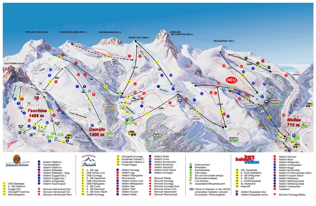 Large detailed piste map of Damuels, Mellau, Faschina Ski Resort - 2009