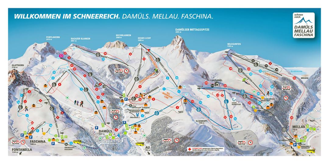 Large detailed piste map of Damuels-Mellau and Faschina
