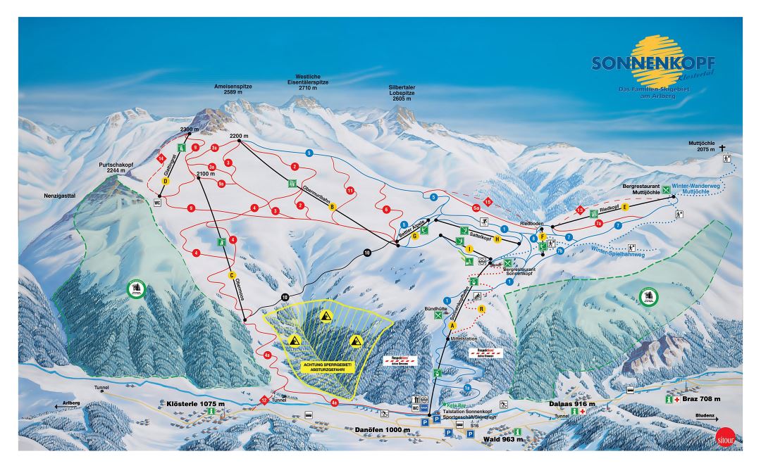 Large detailed piste map of Sonnenkopf Ski Resort - 2018