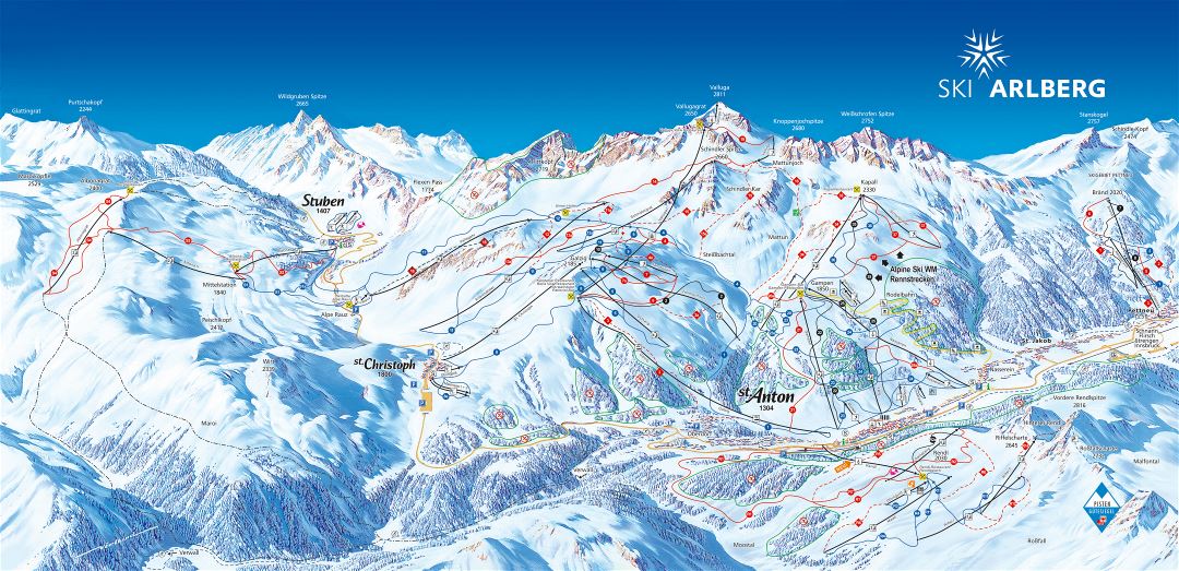 Large detailed piste map of Stuben, St. Christoph and St. Anton - Ski Arlberg - 2009