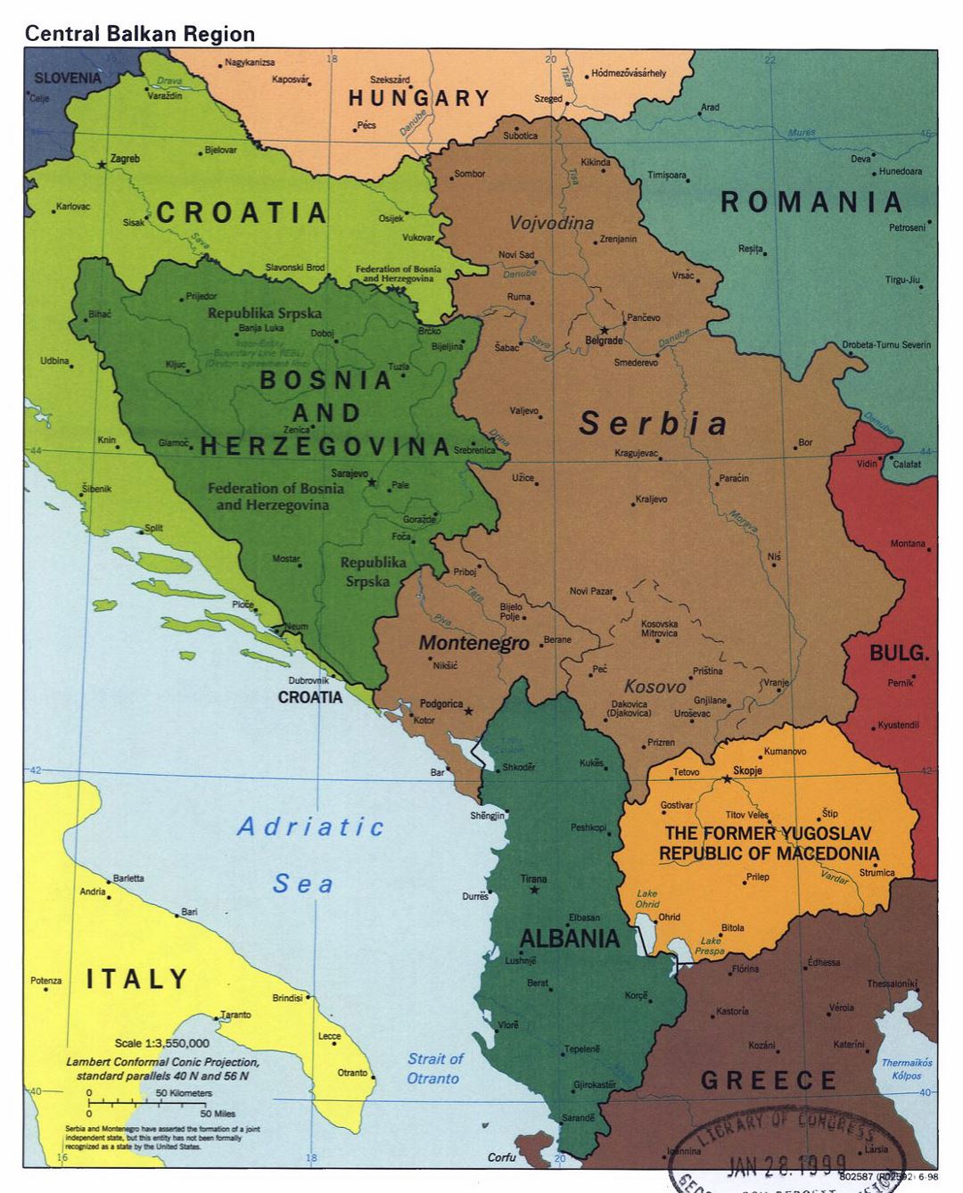 Detailed political map of Central Balkan Region with major cities - 1998