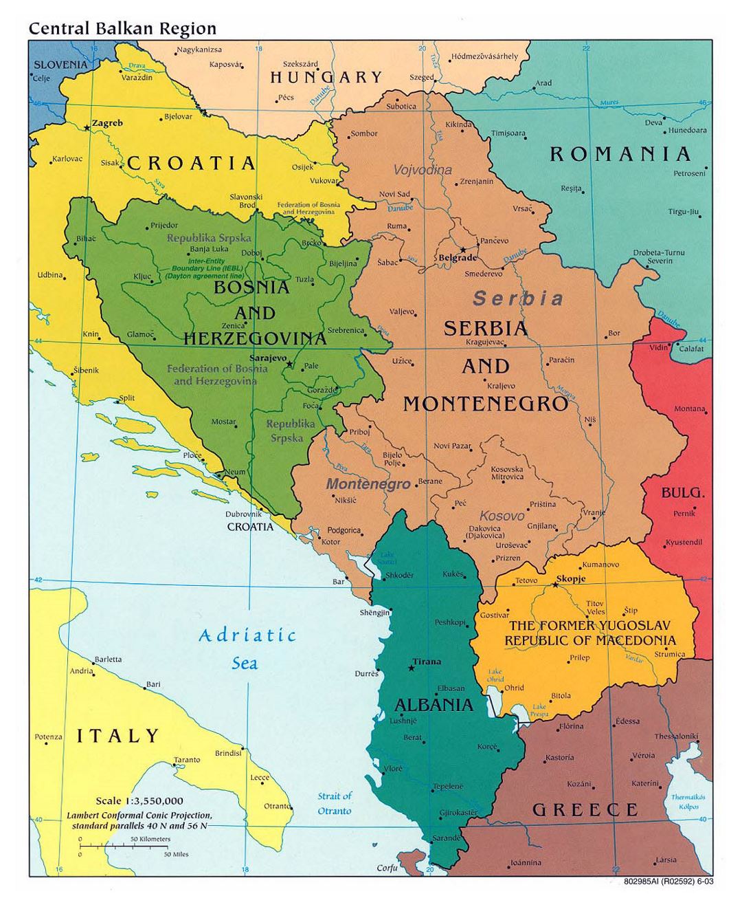 Detailed political map of Central Balkan Region with major cities - 2003