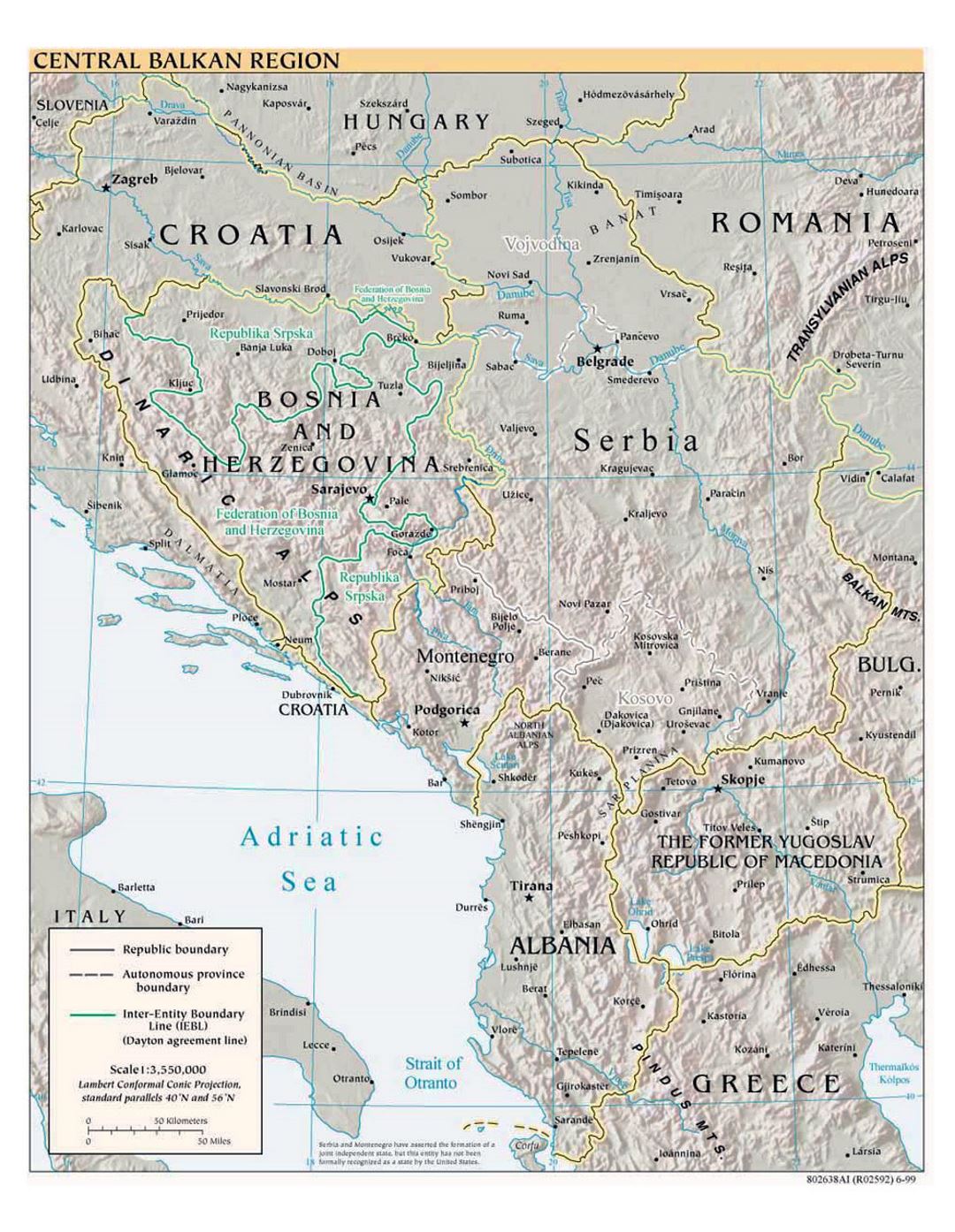 Detailed political map of Central Balkan Region with relief and major cities - 1999