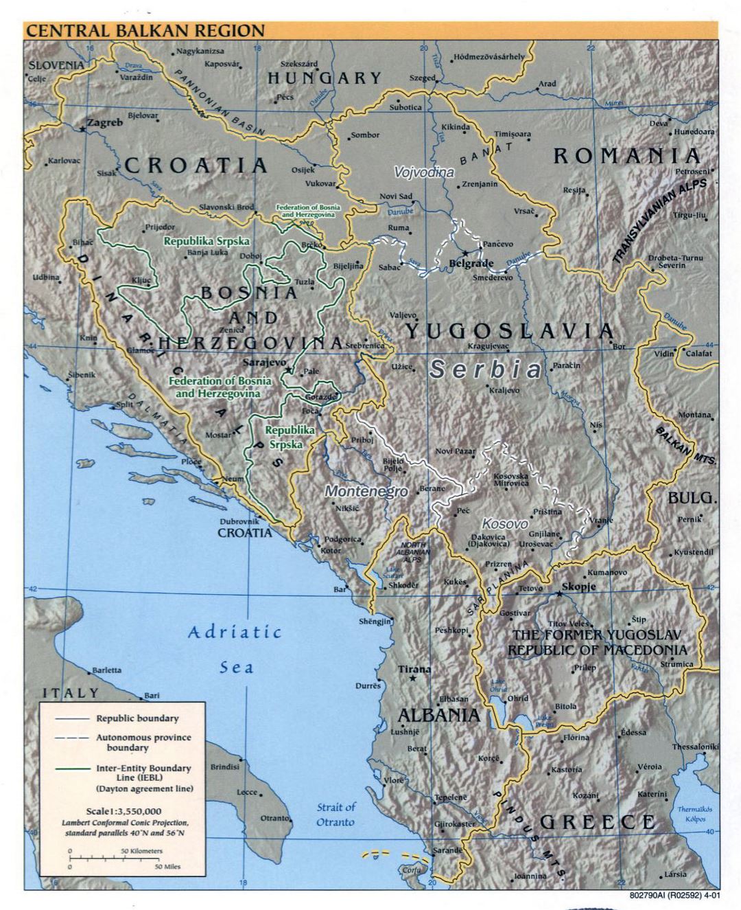 Detailed political map of Central Balkan Region with relief and major cities - 2001