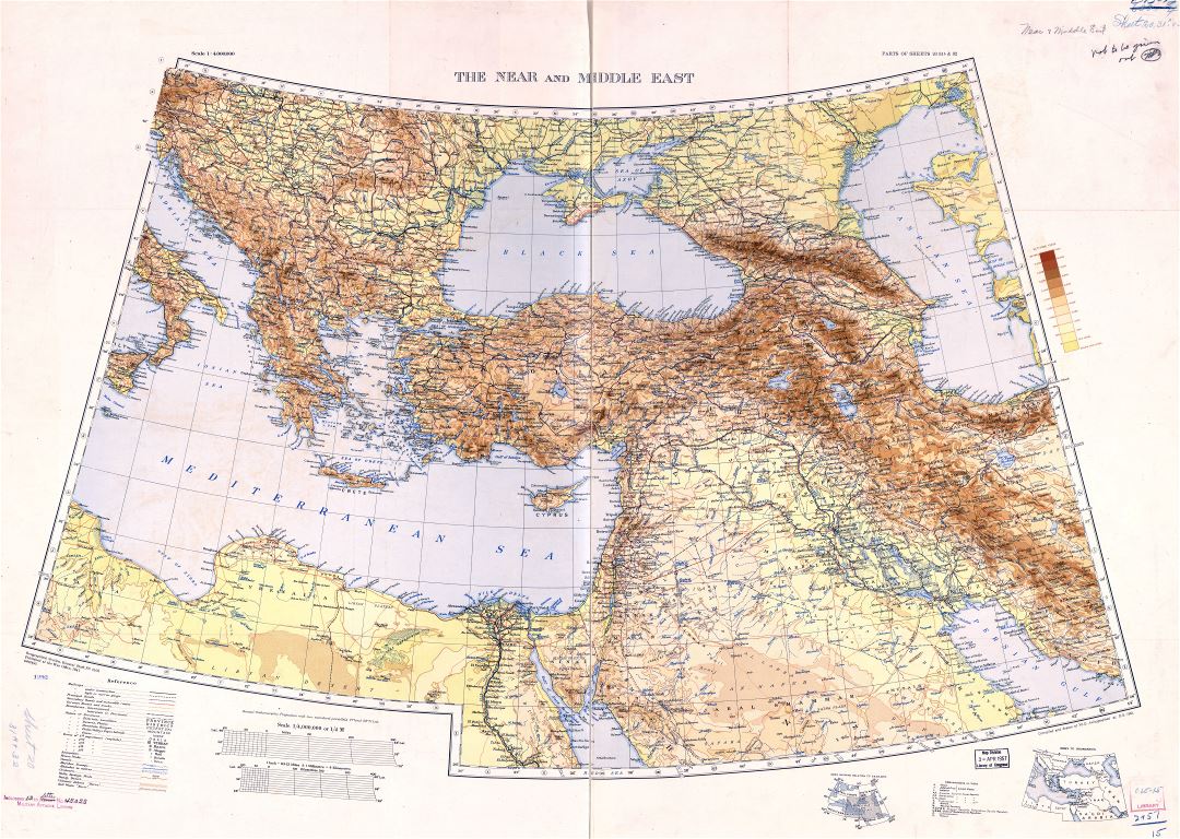 In high resolution old physical map of the Near and Middle East with Balkan Peninsula - 1941