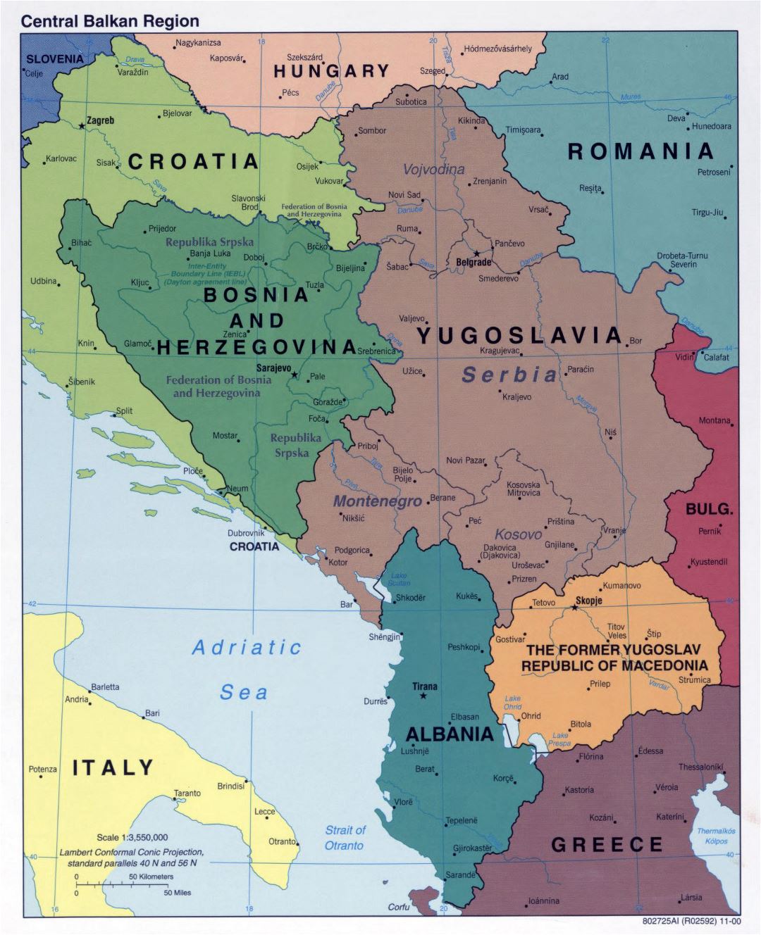 Large detailed political map of Central Balkan Region with major cities - 2000