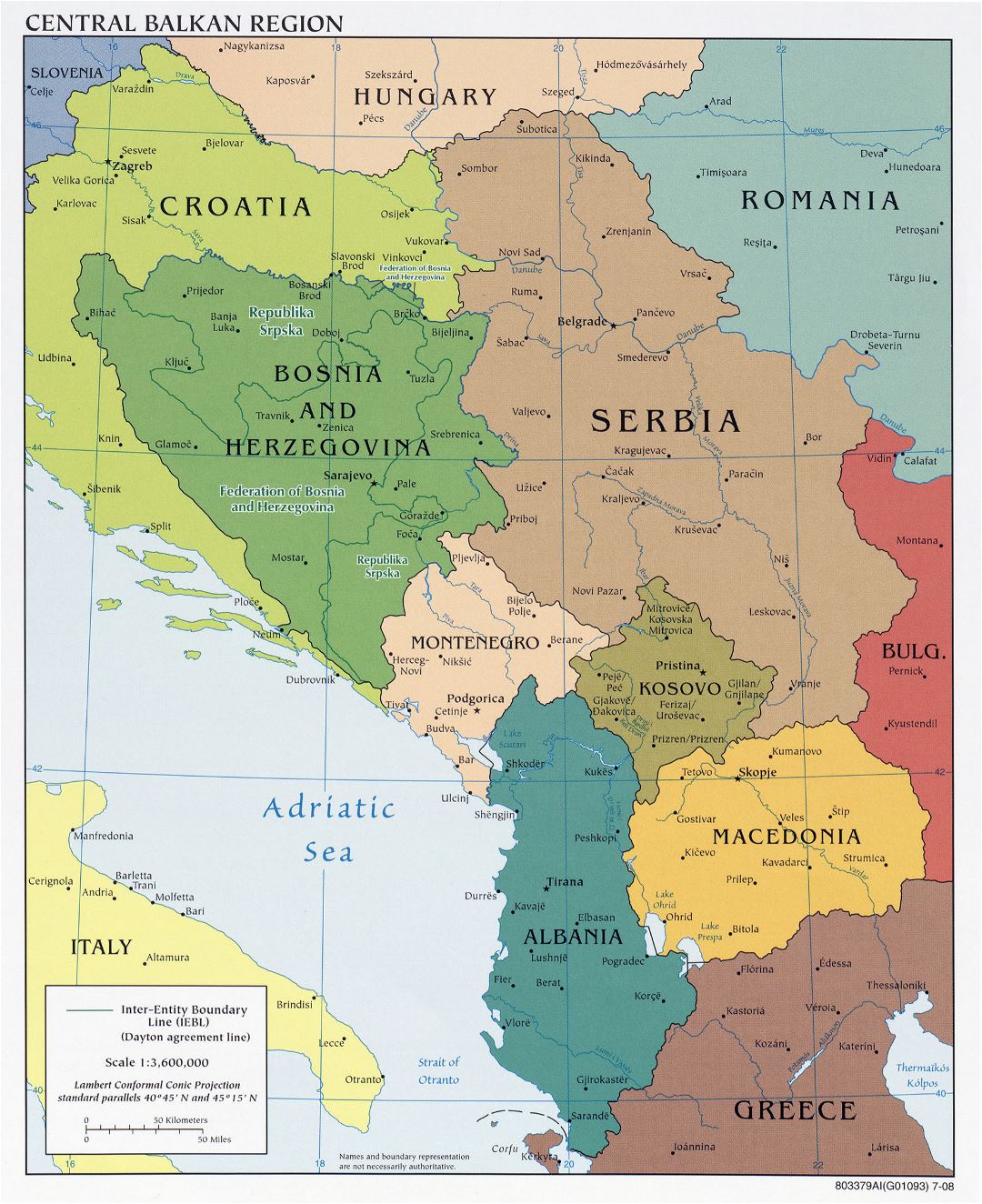 Large detailed political map of Central Balkan Region with major cities - 2008