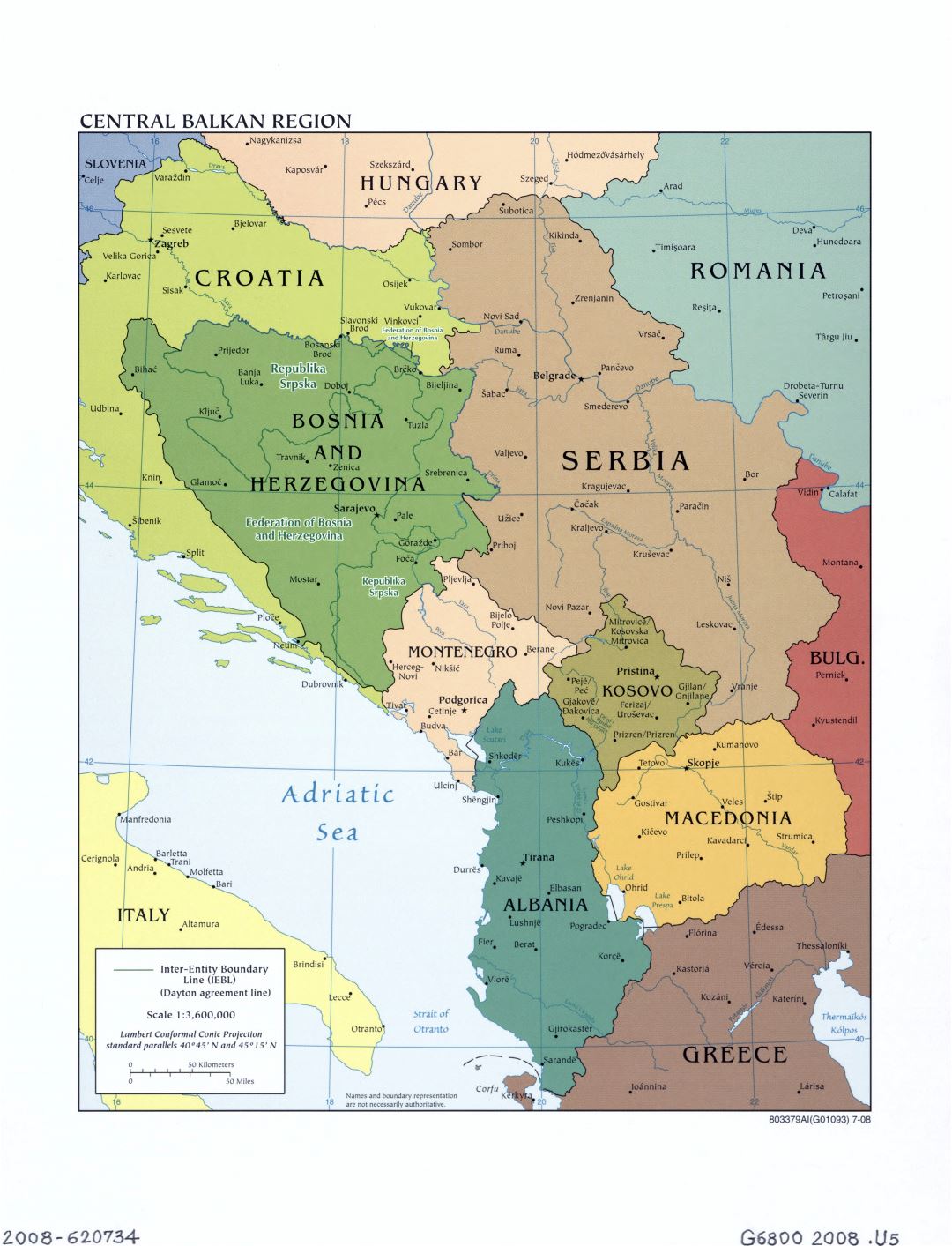 Large detailed political map of Central Balkan Region with marks of capitals, large cities and names of states - 2008