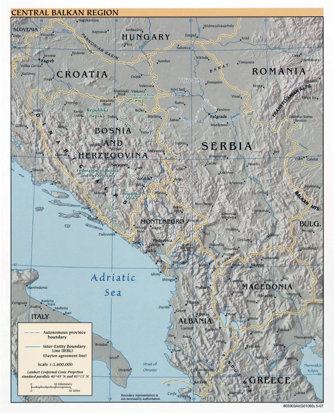 Large detailed political map of Central Balkan Region with relief and major cities - 2007