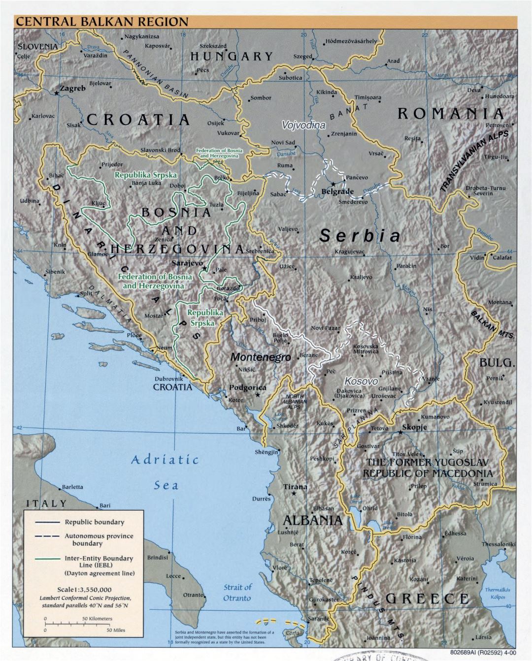 Large political map of Central Balkan Region with relief and major cities - 2000