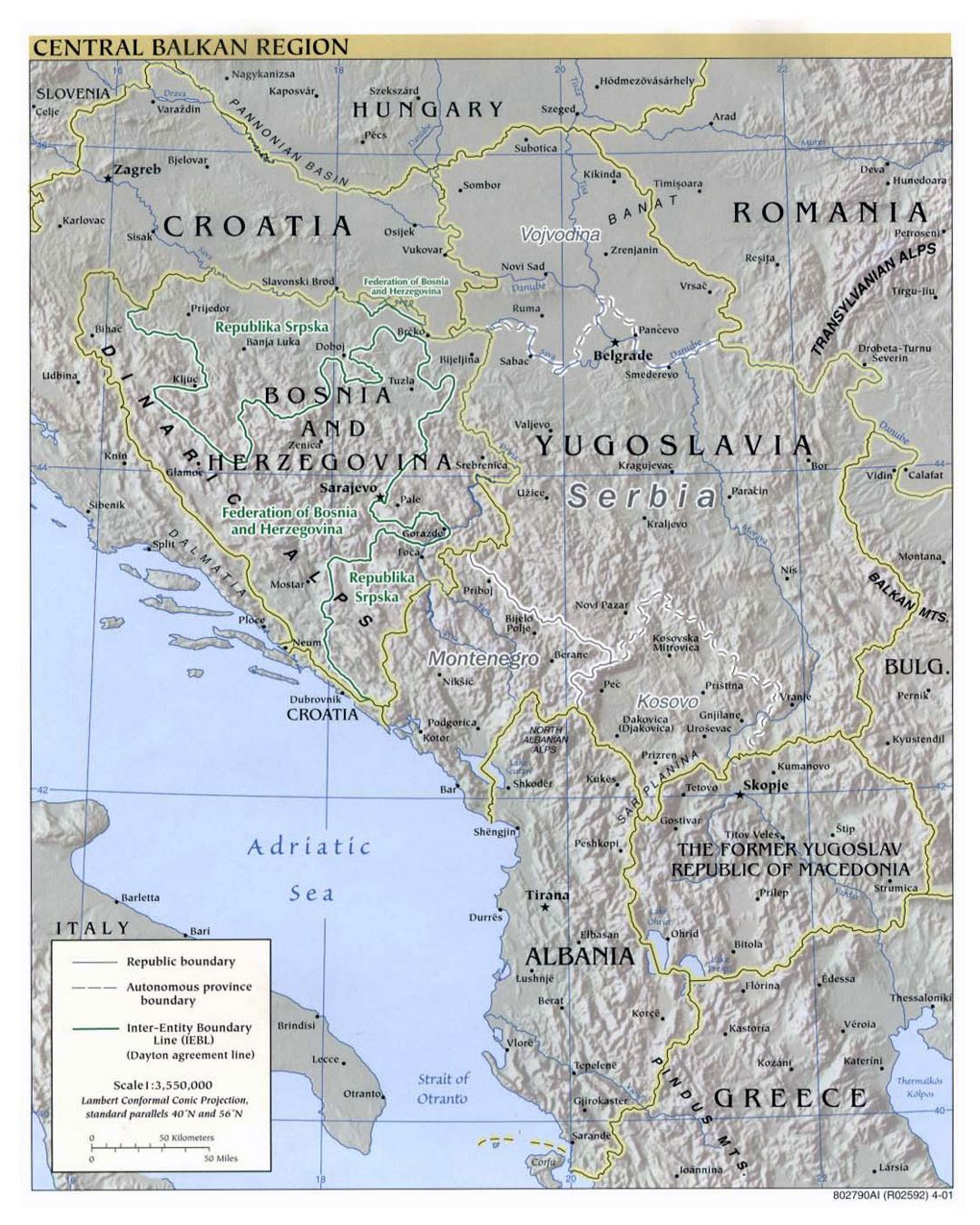 Large political map of Central Balkan Region with relief and major cities - 2001