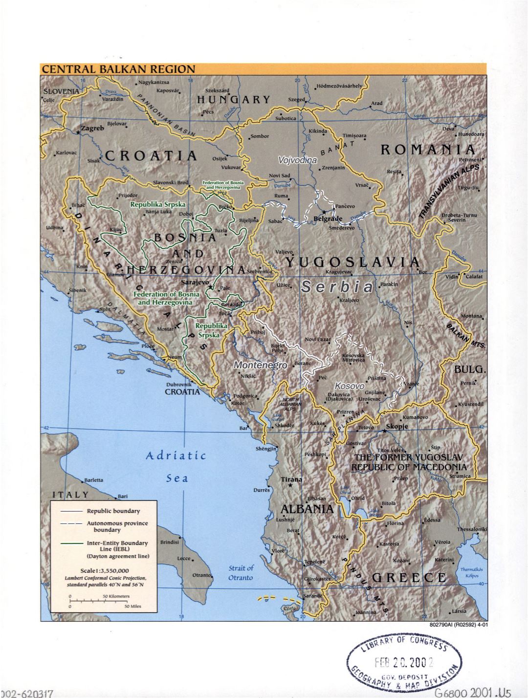 Large political map of Central Balkan Region with relief, marks of capitals, large cities and names of states - 2001