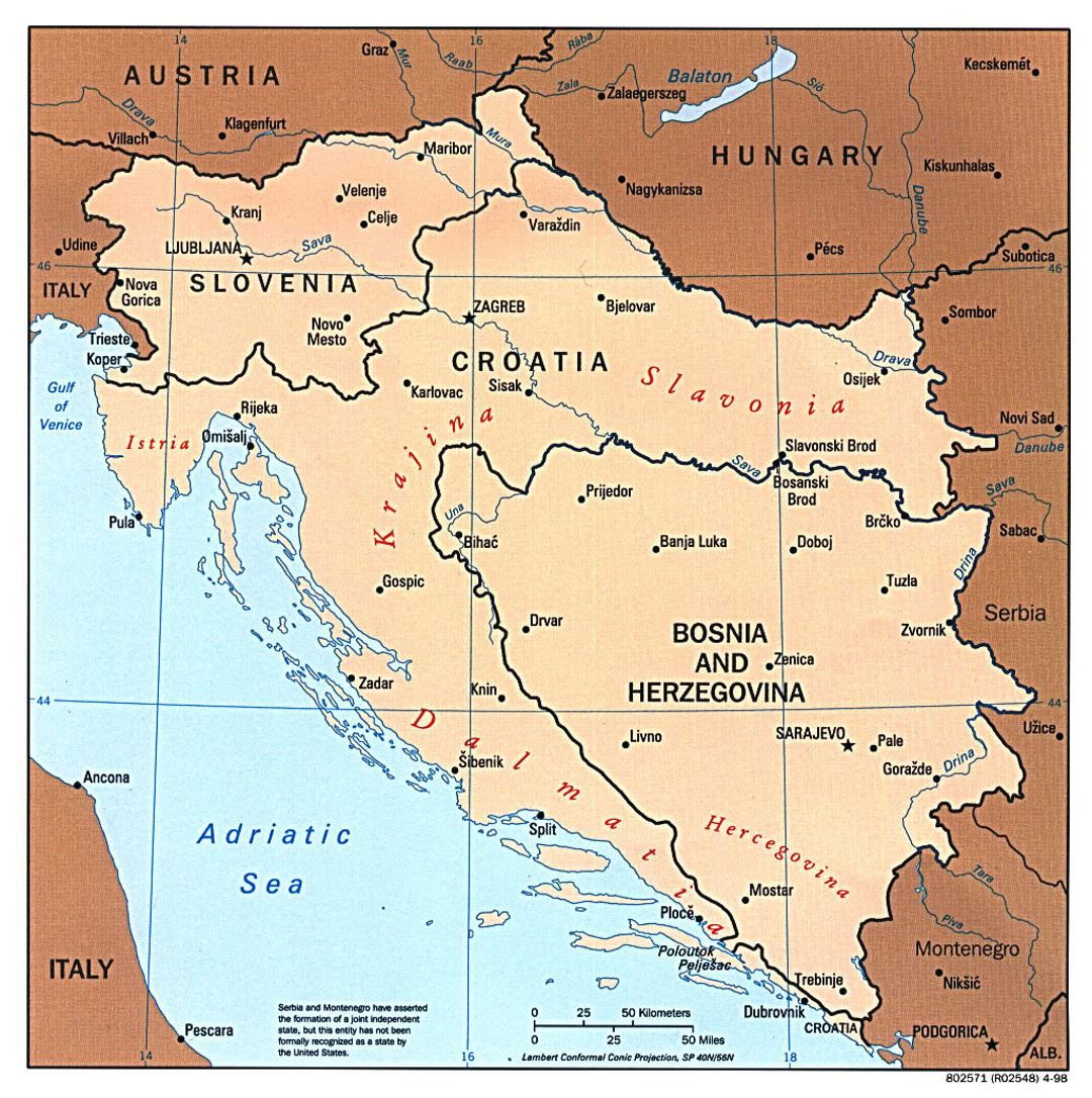 Large political map of Western Balkans with major cities - 1997