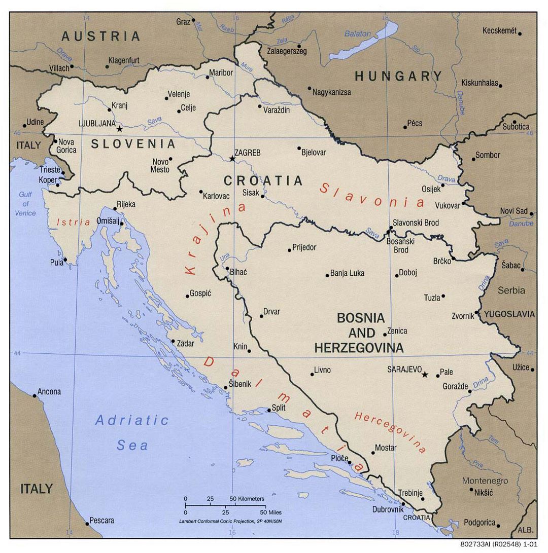 Large political map of Western Balkans with major cities - 2001