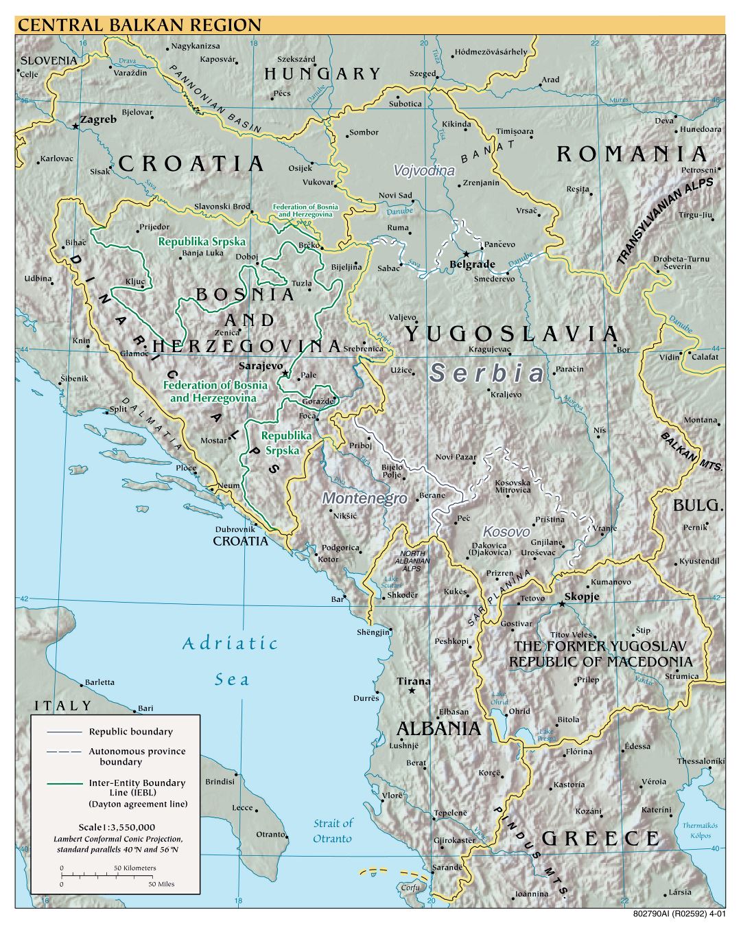 Large scale political map of Central Balkan Region with relief - 2001