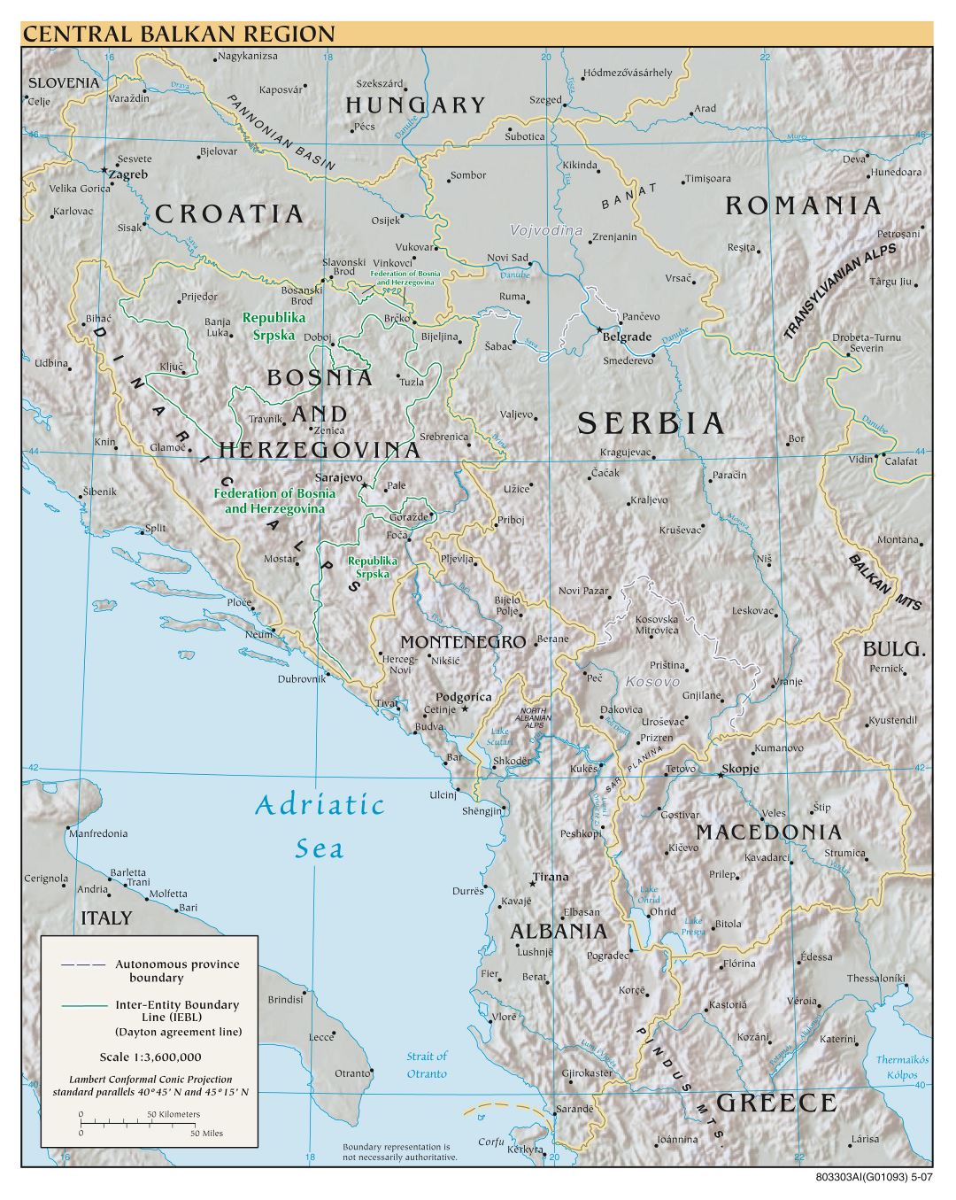 Large scale political map of Central Balkan Region with relief and major cities - 2007
