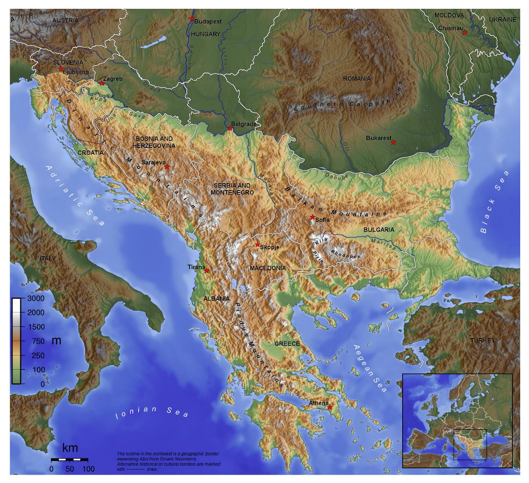 Large topographical map of Balkans
